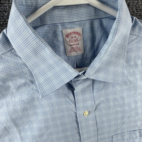 Brooks Brothers Blue Check Cotton Madison 18 35 Non-Iron Shirt Button Up Men - Picture 7 of 10